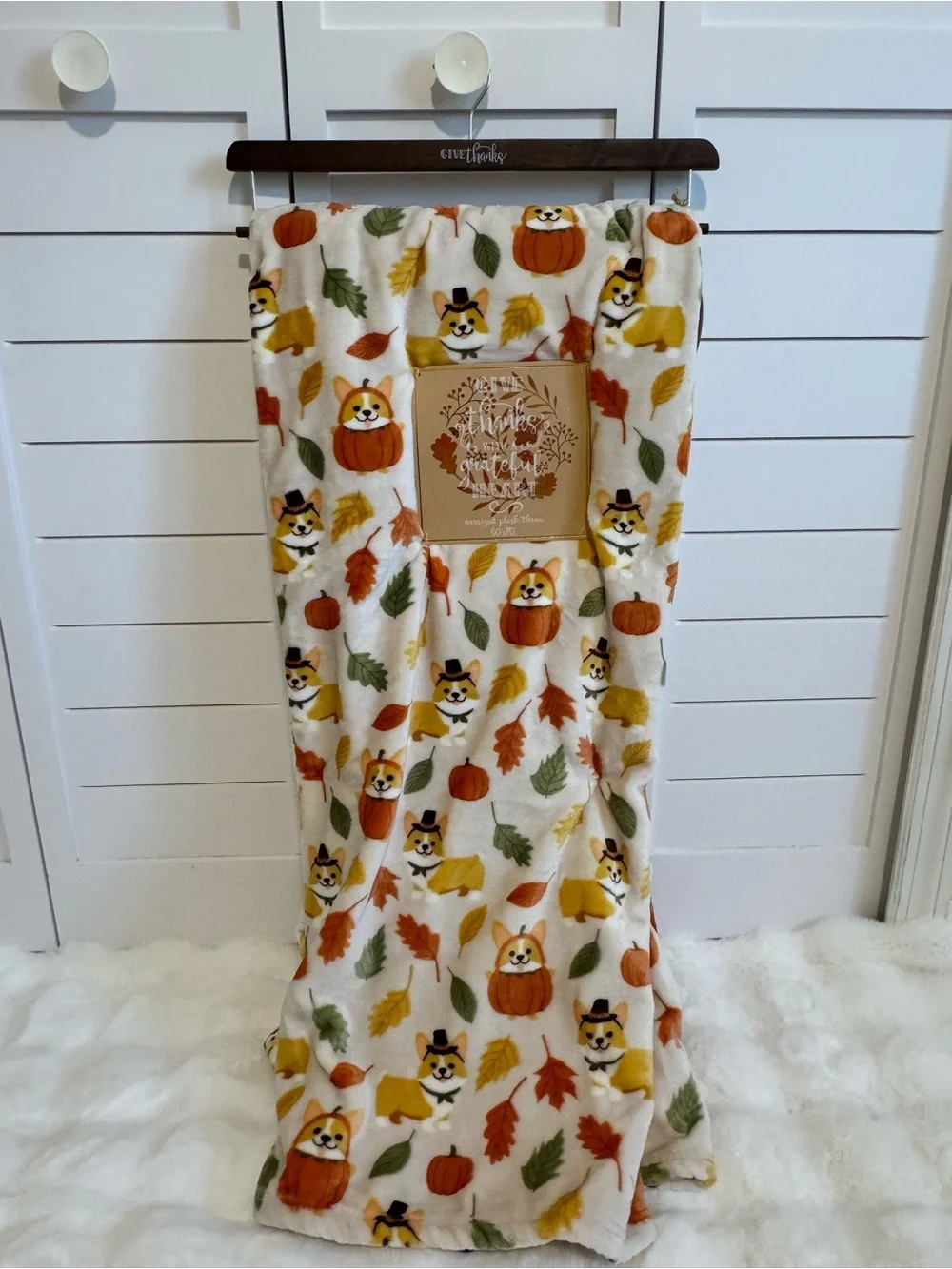 NEW Thanksgiving dog Corgi Pumpkin Leaf Print Cozy Soft Blanket Throw 60x70